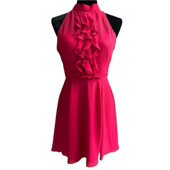 BCBGeneration Rouge Red Pink Ruffle Sleeveless Open Back Chiffon Halter Dress 4 - Picture 1 of 7